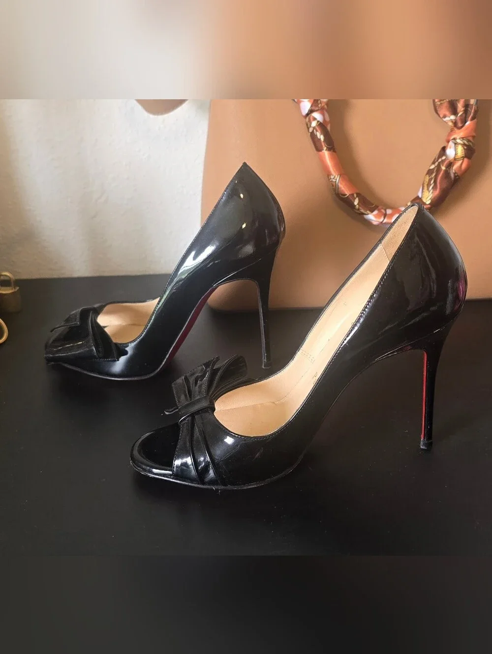 Christian Louboutin Black Patent Bow Peep-Toe Pumps Sz35
